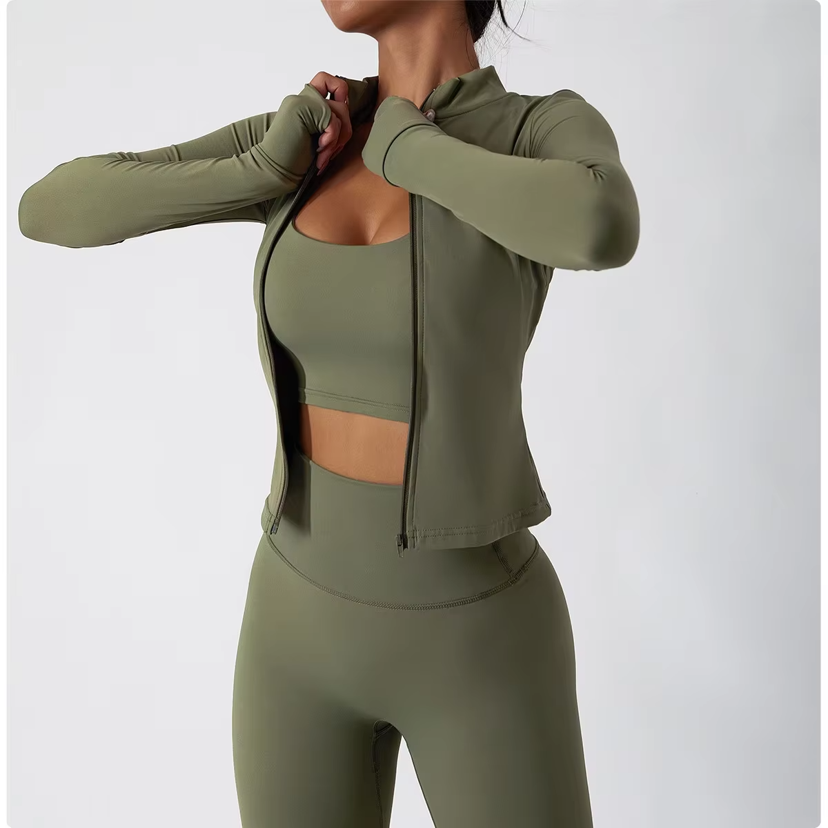 Picture of Women's High-Waisted Jacket Seamless Sportswear Shock-Proof Bra Leggings Custom Logo Soft Long Sleeve Solid Yoga Set Yoga