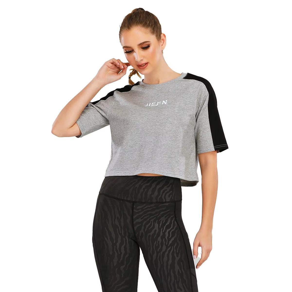 Picture of Cotton Fitted Crop Top Short Sleeve Workout Sports Tee Shirts for Women