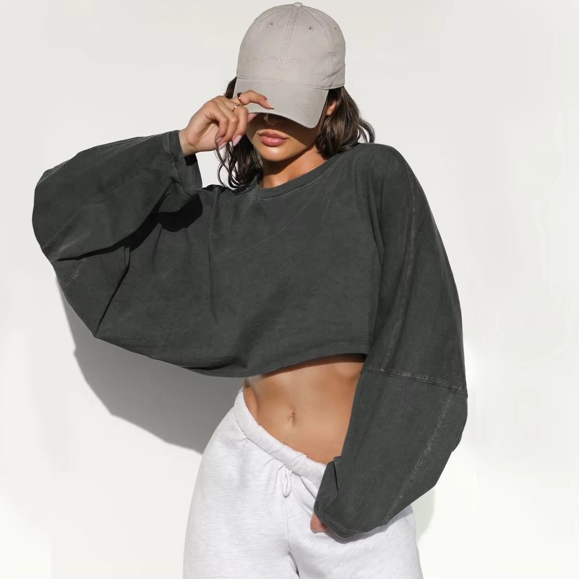 Picture of  Cotton Vintage Women's Long Sleeved Short Knit Sweater Sports Crop Top 