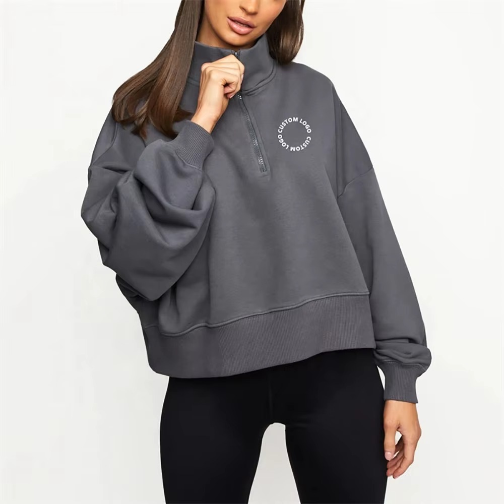 Picture of  Women Front Half Zip Long Sleeve Pullover Crop Top Sweatshirt